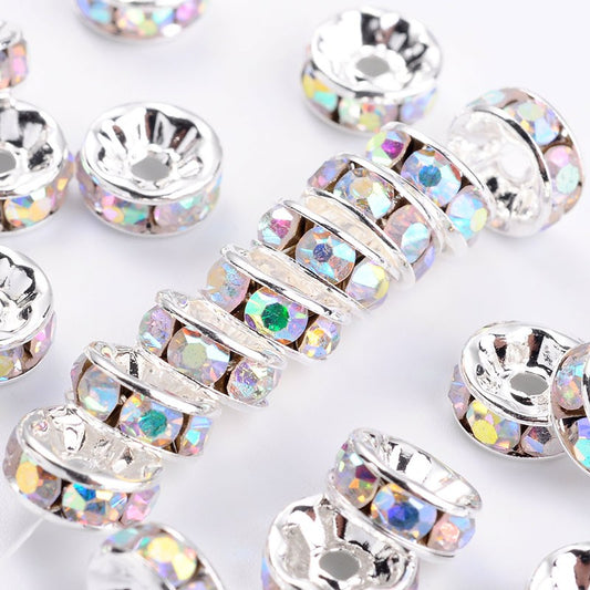 Spacer Rhinestone 8mm, Crystal AB Silver Beads 100/pk