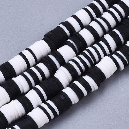 Polymer Clay Heishi Beads, Blk/Wht Mix 15-16" Strand