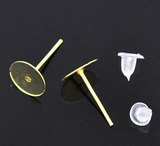 Gold Earring Studs with 8mm Pad 100/pk