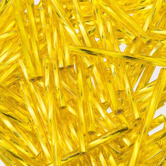 30mm Twisted Czech Bugle Beads Silver Lined Yellow 25g Bag