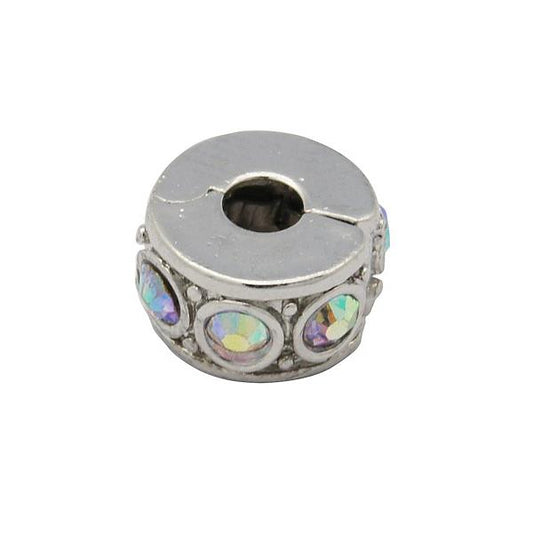 Round Bead Stopper, Rhinestone Crystal AB Nickel 2/pk